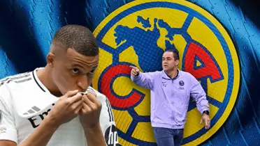 Kylian Mbappé besando escudo y André Jardine señalando/ Foto Club América.