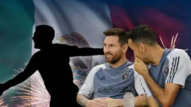 Lionel Messi y Sergio Busquets hablando y silueta de jugador/ Foto Villa del Palmar Loreto.