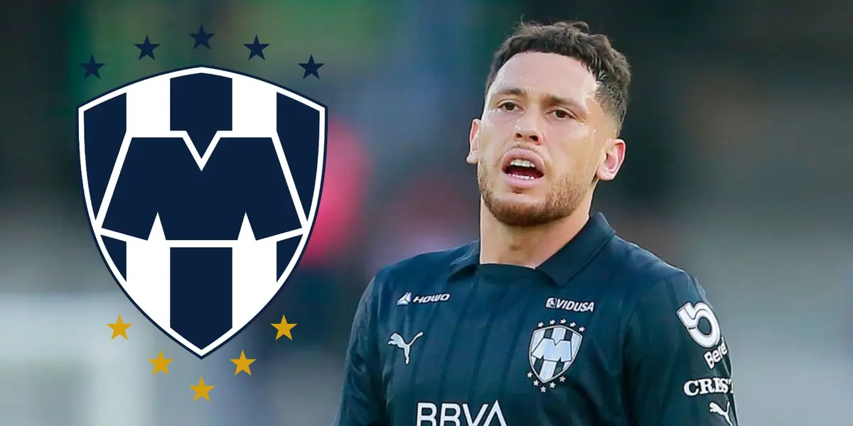 Lucas Ocampos junto al escudo de Rayados / FOTO GETTY IMAGES