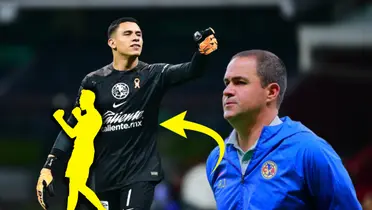 Luis Ángel Malagón y silueta de portero, junto a André Jardine/ Foto La Opinión.
