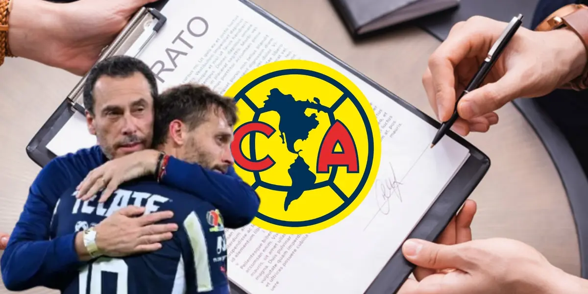 Manuel Filizola y Sergio Canales junto al escudo del América / FOTO MEDIOTIEMPO