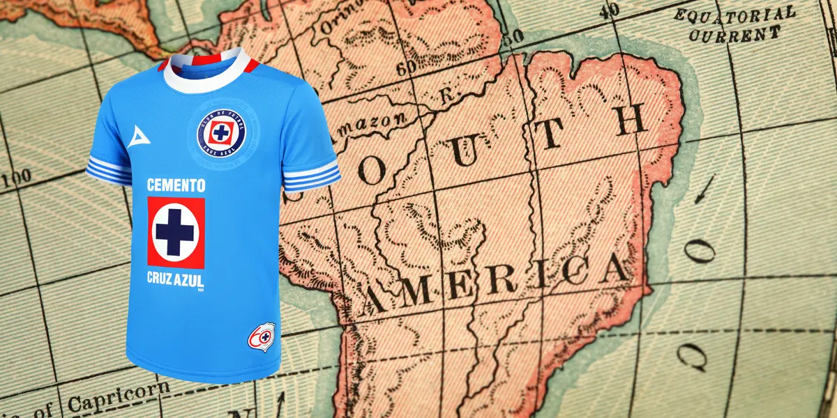 Mapa de Sudamérica tomado de Canva, con jersey de Cruz Azul
