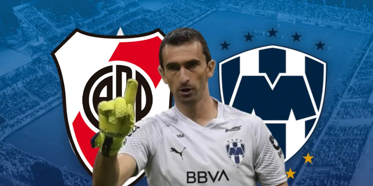 Marcelo Barovero y escudos de River Plate y Rayados/ Foto North Carolina.