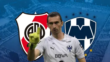 Marcelo Barovero y escudos de River Plate y Rayados/ Foto North Carolina.