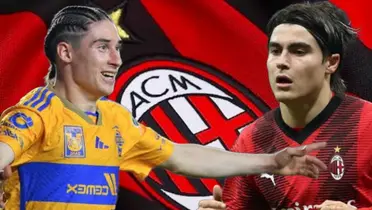 Marcelo Flores festejando con Tigres, a lado Luka Romero y el al fondo el escudo del Milan / Foto EFE