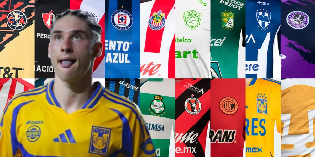 Marcelo Flores junto a jerseys de la Liga MX / FOTO FÚTBOL TOTAL