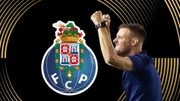 Martín Anselmi celebrando y escudo del Porto/Foto Porto Best City