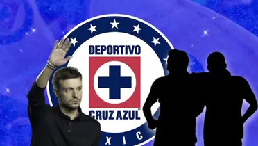 Martín Anselmi con la mano alzada y silueta de dos jugadores/Foto Cruz Azul.
