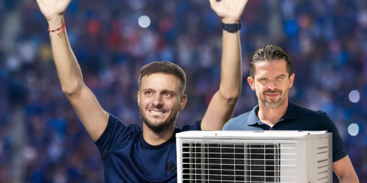 Martín Anselmi con manos arriba e imagen de Fernando Gago hecha por Fútbol Total/ Foto Claro Sports.