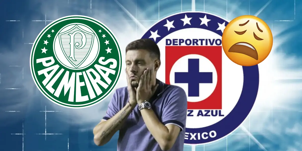Martín Anselmi con manos en el rostro, emoji cansado y escudo de Palmeiras/Foto México informa.