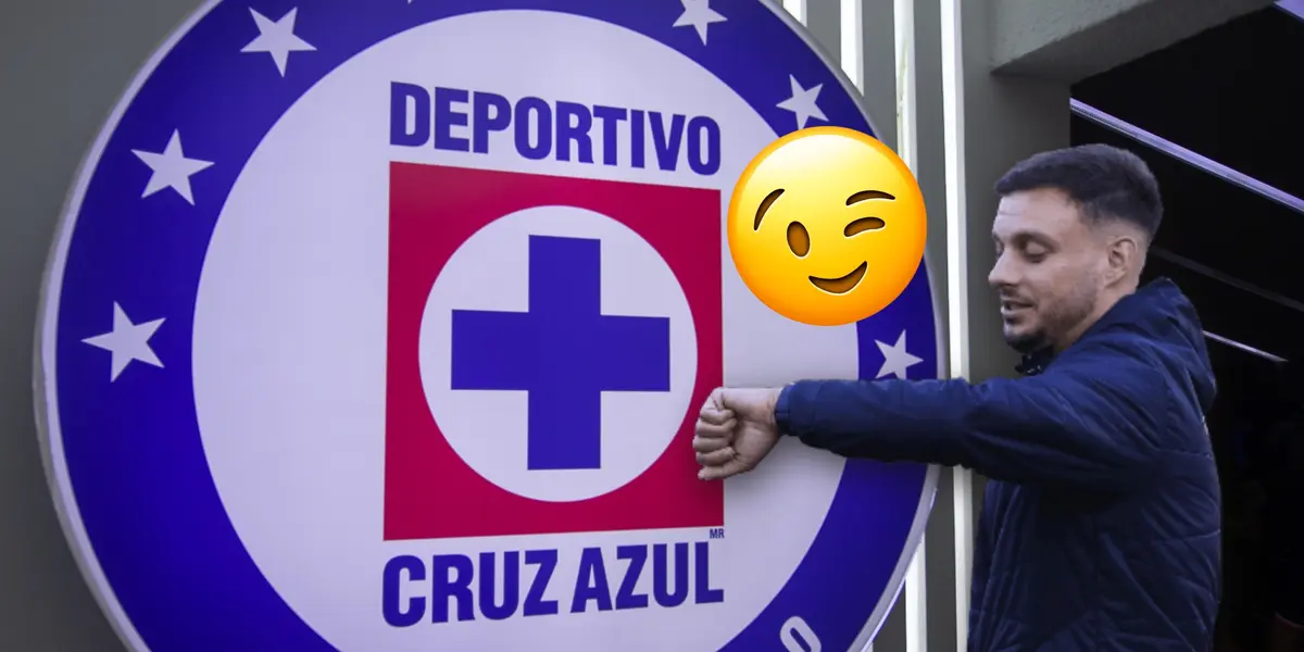 Martín Anselmi revisando reloj, emoji guiñando y escudo de Cruz Azul/Foto TV Azteca.