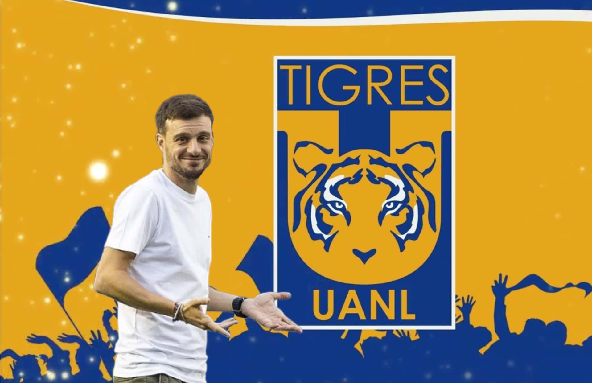 Martín Anselmi sonriendo y logo de Tigres/Foto Youtube.