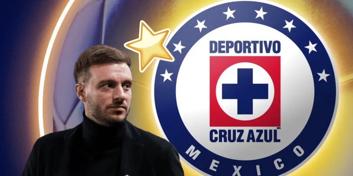 Martín Anselmi sonriente, emoji de estrella y escudo de Cruz Azul/ Foto ESPN.