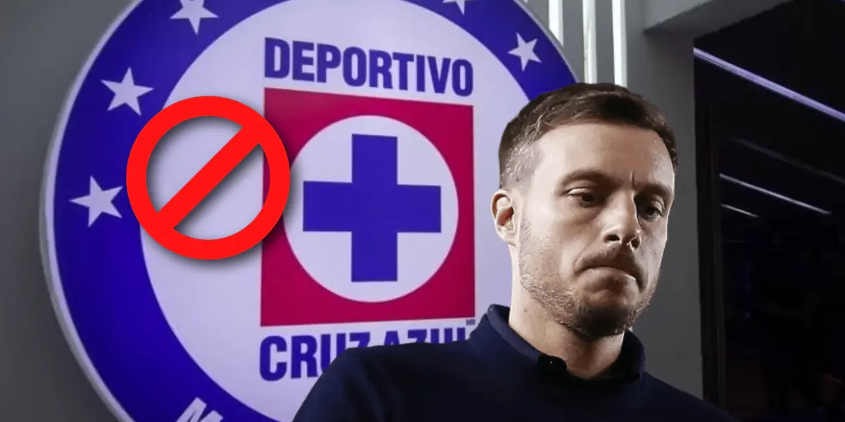 Martín Anselmi volteando hacia abajo y logo de prohibición en rojo/Foto Récord.