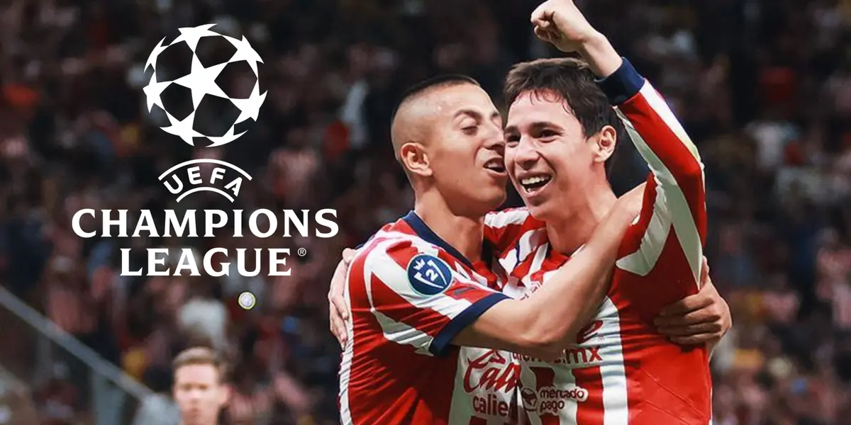 Mateo Chávez celebrando y logo de Champions League/Foto Rebaño Pasión.