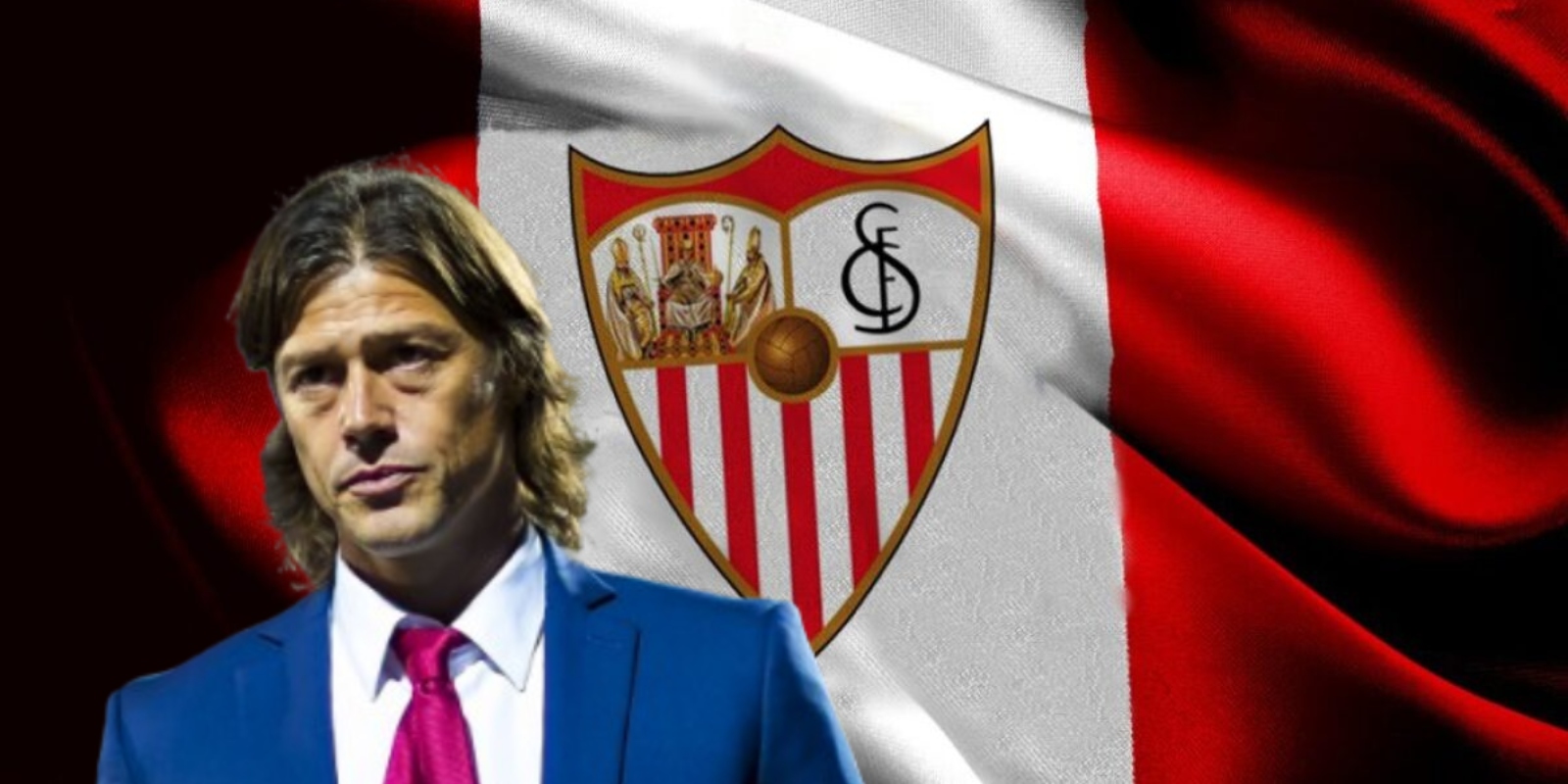 Matías Almeyda junto al escudo del Sevilla / FOTO TUDN