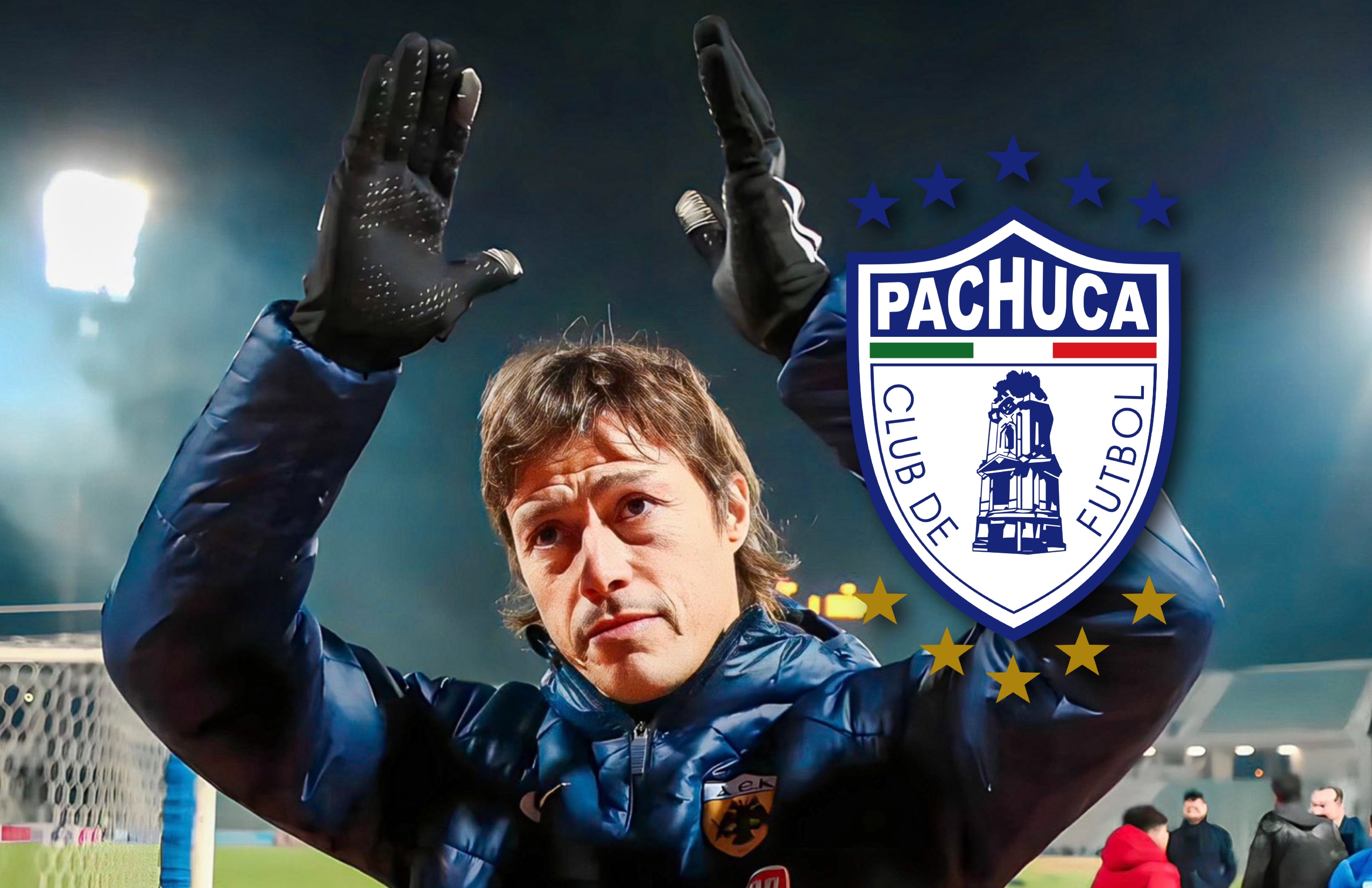 Matías Almeyda y escudo del Pachuca/ Foto Jesús Bernal.