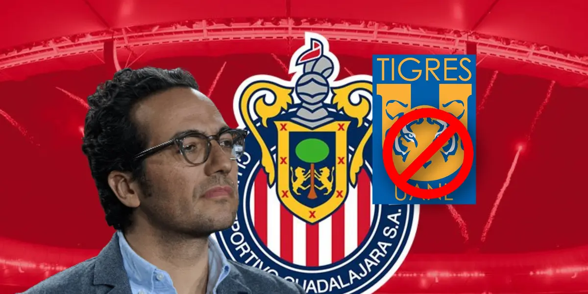 Mauricio Culebro, escudo de Chivas y Tigres con círculo rojo/ Foto Rayados.