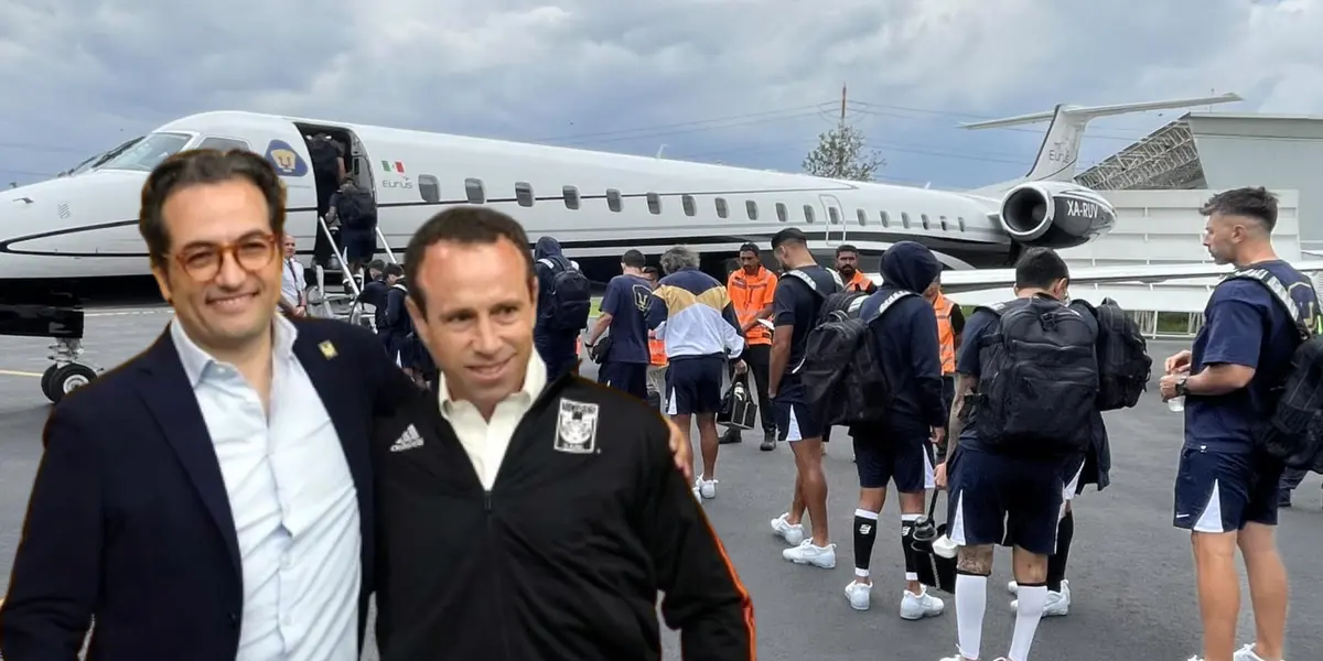Mauricio Culebro y Torrados abrazados/ jugadores esperando abordar avión/ Foto Pumas.