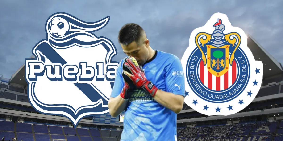 Miguel Jiménez cabizbajo y logos de Puebla y Chivas/ Foto Mediotiempo.