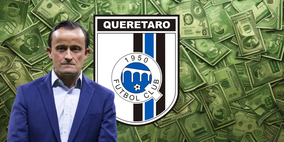 Mikel Arriola junto al escudo de Querétaro / FOTO MEXSPORT
