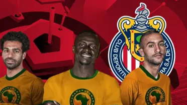 Mohamed Salah, Sadio Mané y Hakim Ziyech junto al escudo de Chivas / FOTO YOUTUBE