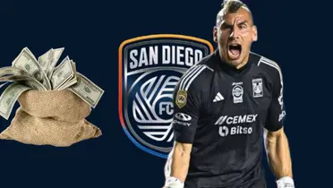 Nahuel Guzmán, a lado un costal de billetes y al fondo el escudo de San Diego FC / Foto Mexsport