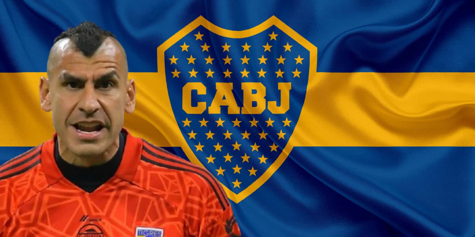 Nahuel Guzmán junto al escudo Boca Juniors / FOTO MEDIOTIEMPO
