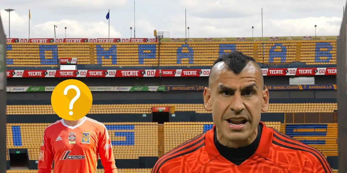 Nahuel Guzmán serio y a su lado otro portero con el rostro tapado/ Foto Tigres.