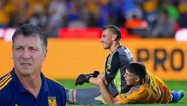 Nahuel y Brunetta en el césped, foto de Tigres, con Siboldi al frente