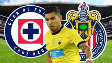 Orbelín Pineda junto a los escudos de Cruz Azul y Chivas / FOTO GOAL