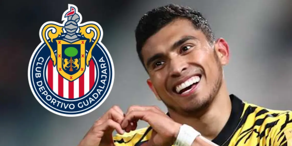 Orbelín Pineda junto al escudo de Chivas / FOTO SPORT ILLUSTRATED