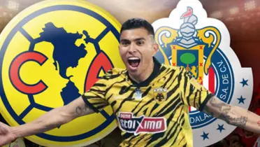 Orbelín Pineda junto al escudo del América y Chivas / FOTO TV AZTECA