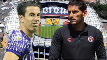 Óscar Jiménez, Jesús Corona y al fondo el Estadio Azteca