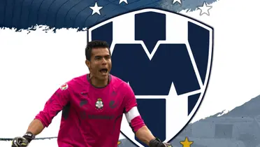 Oswaldo Sánchez celebrando y escudo de Rayados/Foto Sultanes de Monterrey.