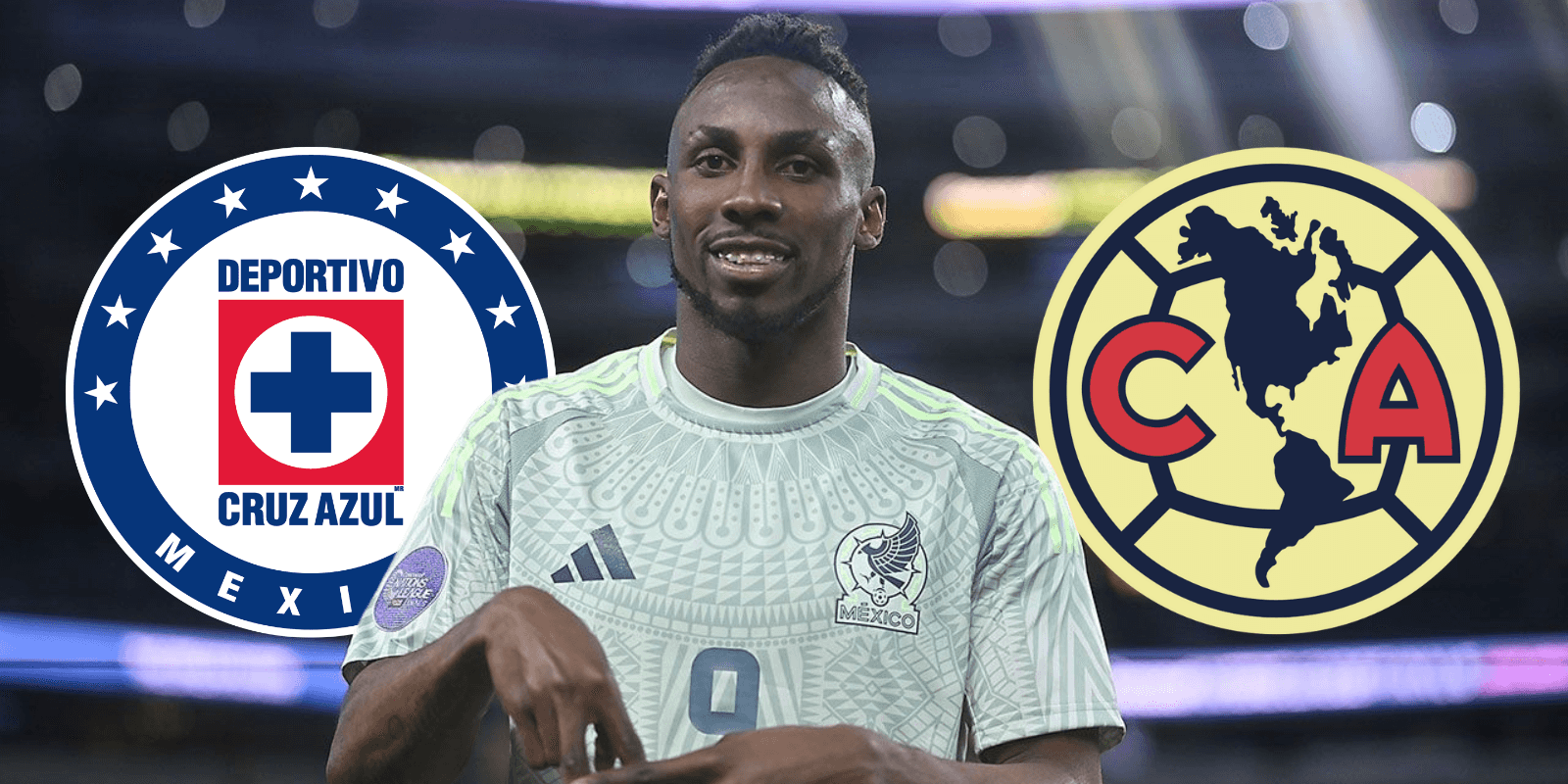 Quiñones en partido, foto de FOX Deportes, con escudo de Cruz Azul y América al frente
