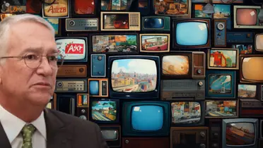 Ricardo Salinas junto a televisores / FOTO POLEMÓN