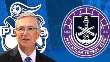 Ricardo Salinas Pliego junto a los escudos de Puebla y Mazatlán / FOTO MILENIO
