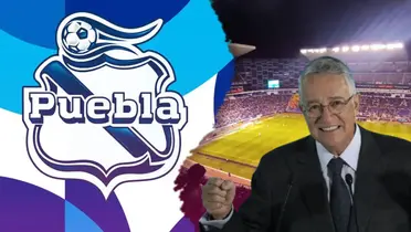 Ricardo Salinas Pliego junto al escudo del Puebla / FOTO FORBES MÉXICO