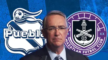 Ricardo Salinas Pliego y escudos de Puebla y Mazatlán/Foto Boleto Movil.