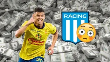 Richard Sánchez, escudo de Racing y emoji/Foto Atomix.