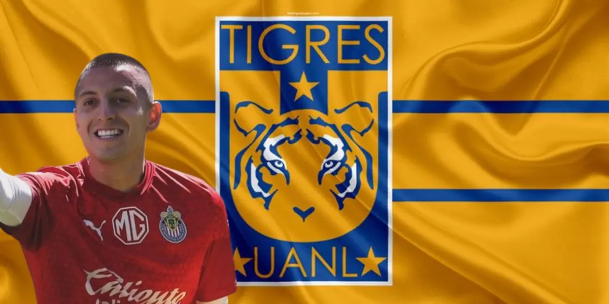 Roberto Alvarado junto al escudo de Tigres / FOTO SPORT MEDIA