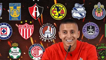 Roberto Alvarado sonriente y logos de equipos de la Liga MX/Foto Mediotiempo.
