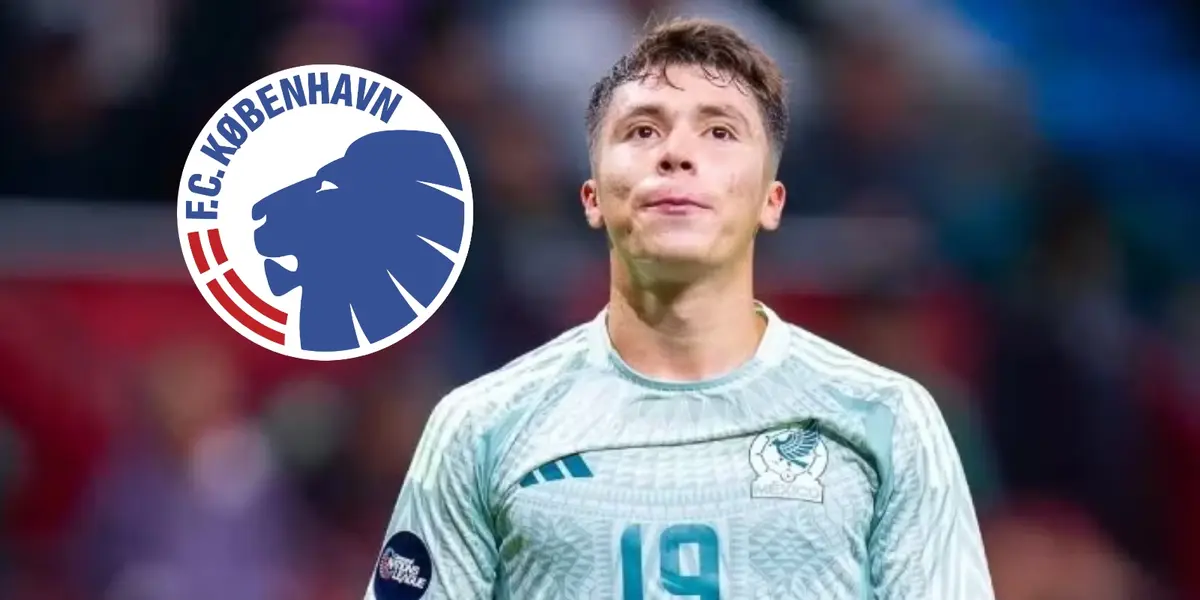 Rodrigo Huescas junto al escudo del Copenhague / FOTO RÉCORD