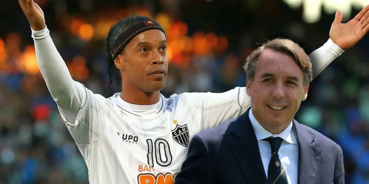 Ronaldinho alzando las manos y Emilio Azcárraga sonriendo/ Foto TVP Sports.