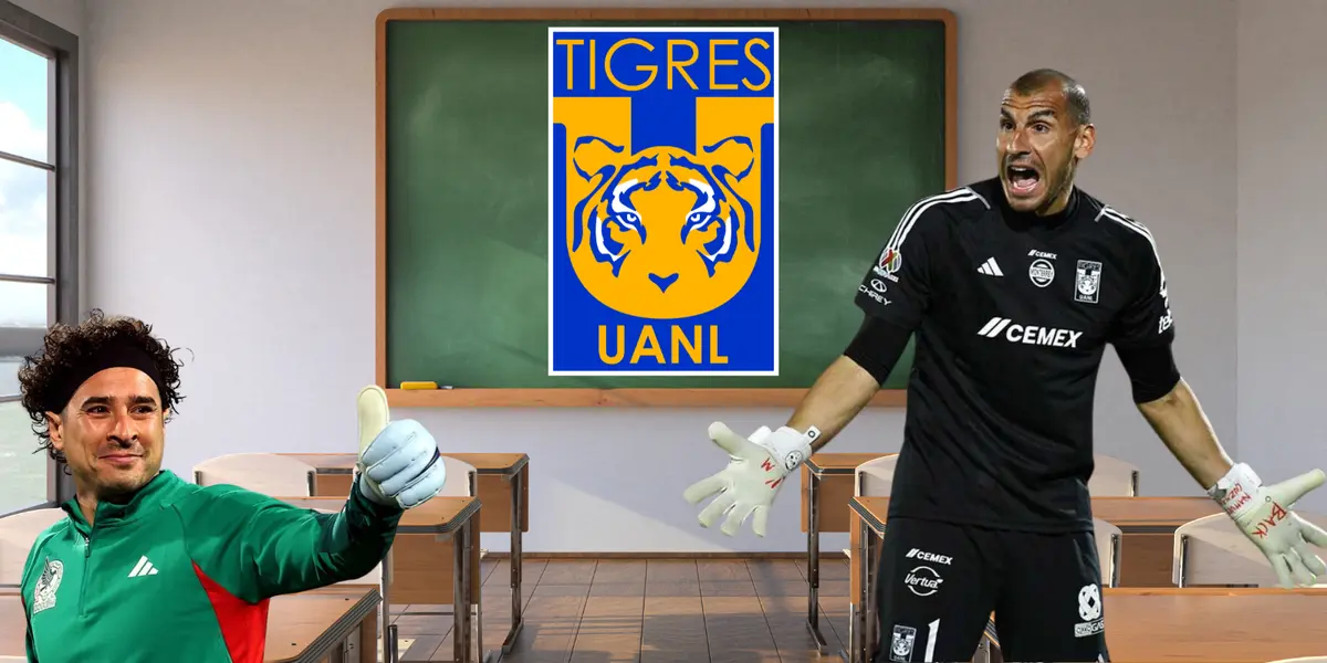 Salón tomado de Canva, con Ochoa, Nahuel y escudo de Tigres al frente