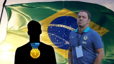 Santiago Baños y silueta de futbolista con medalla/Foto Wallpapers.com