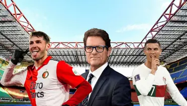 Santiago Giménez celebrando, Fabio Capello y Cristiano Ronaldo/ Foto Champions League.