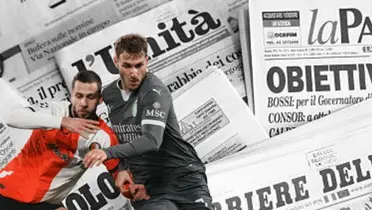 Santiago Giménez disputando el balón con Dávid Hancko / FOTO X