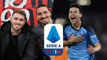 Santiago Giménez, Hirving Lozano y logo de Serie A/Foto AC Milan.